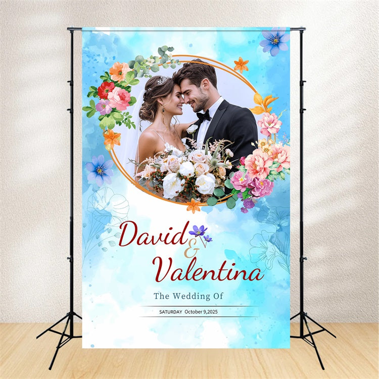 Custom Wedding Backdrops Elegant Floral Blue Celebration Backdrop UK LXX2-170