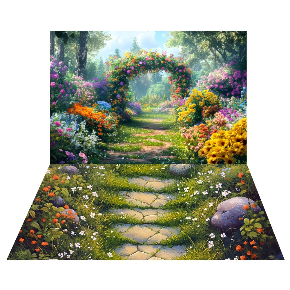 Spring Floral Archway Backdrop+Cobblestone Garden Floor Backdrop UK LXX2-177