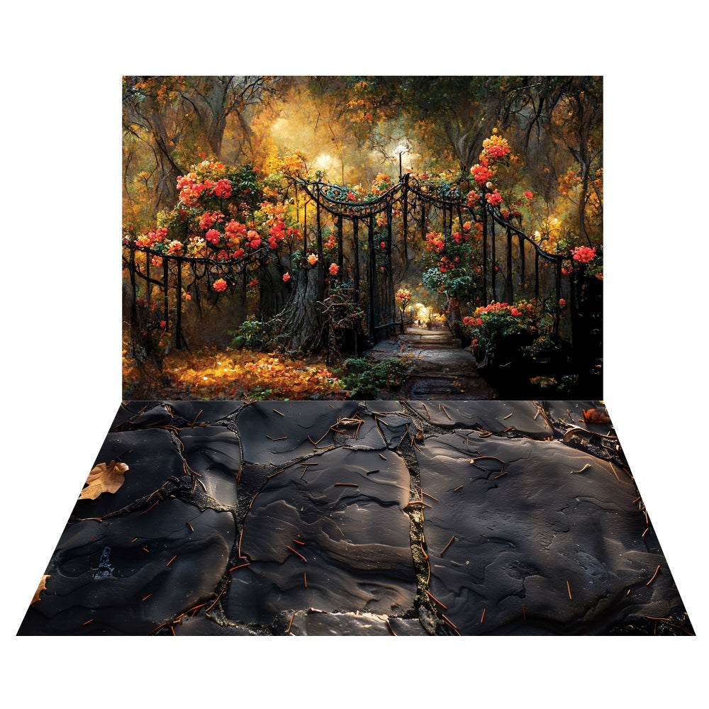 Midnight Garden Gate Backdrop+Aged Black Slate Floor Backdrop UK LXX2-180