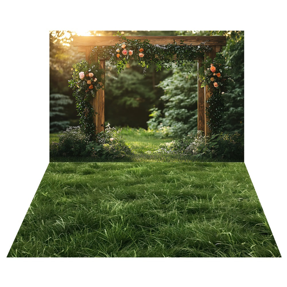 Spring Floral Archway Backdrop+Lush Green Grass Floor Backdrop UK LXX2-181