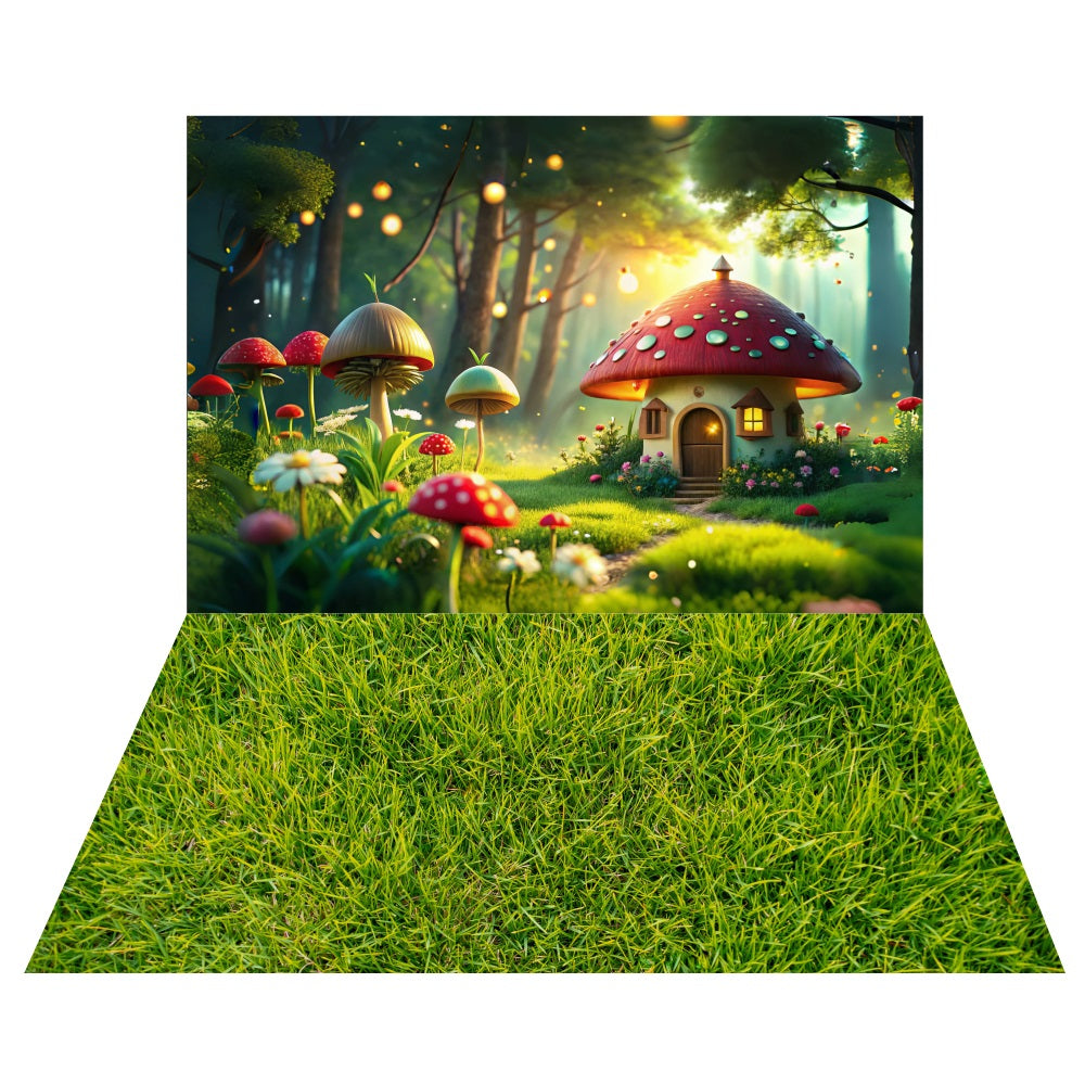 Magical Forest Mushroom Cottage Backdrop+Soft Grass Floor Backdrop UK LXX2-185