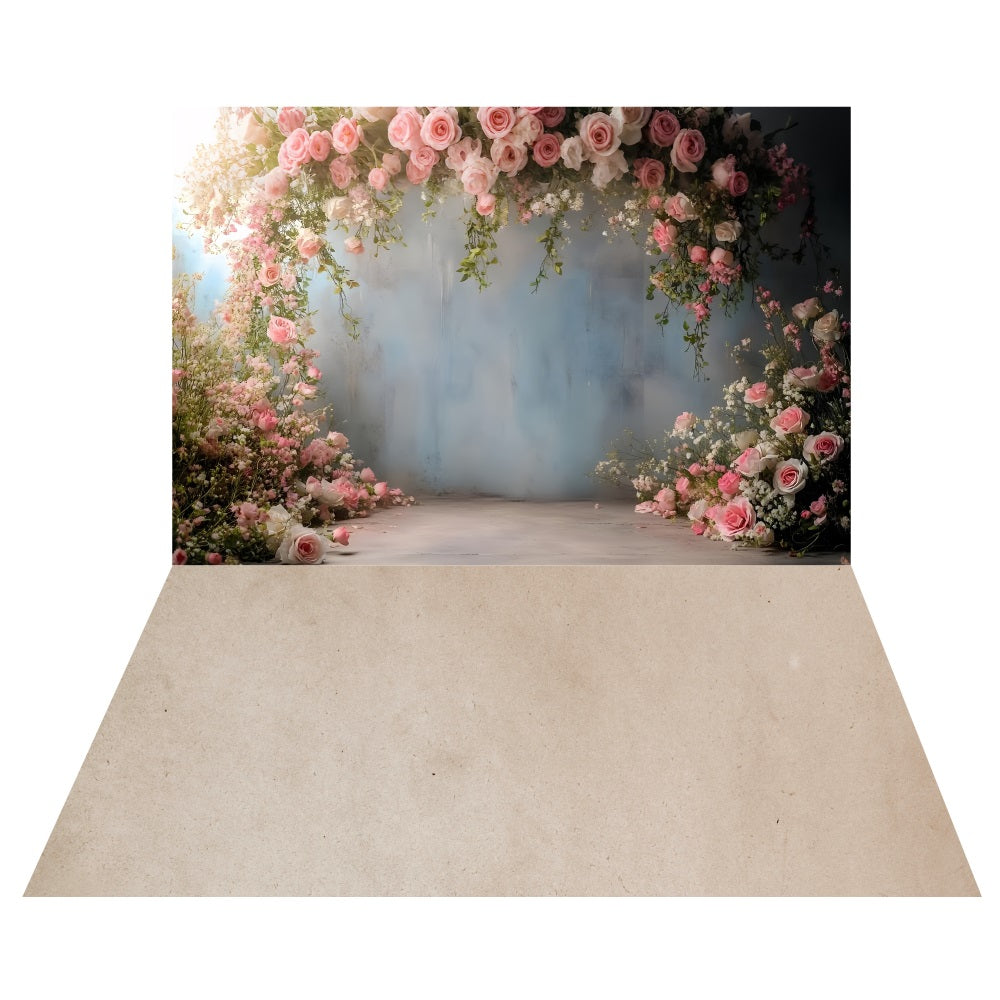 Romantic Floral Archway Backdrop+Elegant Beige Floor Backdrop UK LXX2-187