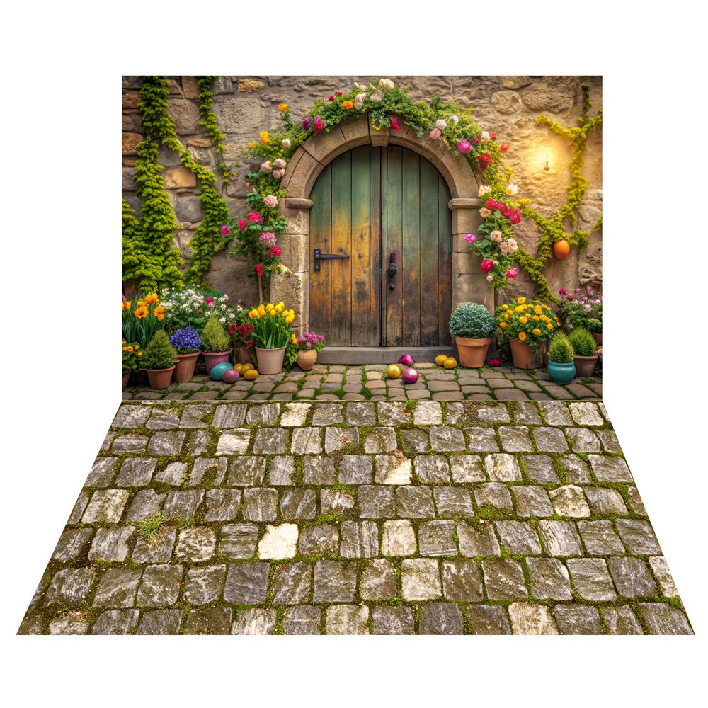 Charming Stone Archway Backdrop+Mossy Brick Road Floor Backdrop UK LXX2-188