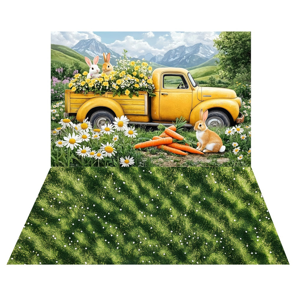 Easter Daisy Farm Truck Backdrop+Fresh Grass Floor Backdrop UK LXX2-19