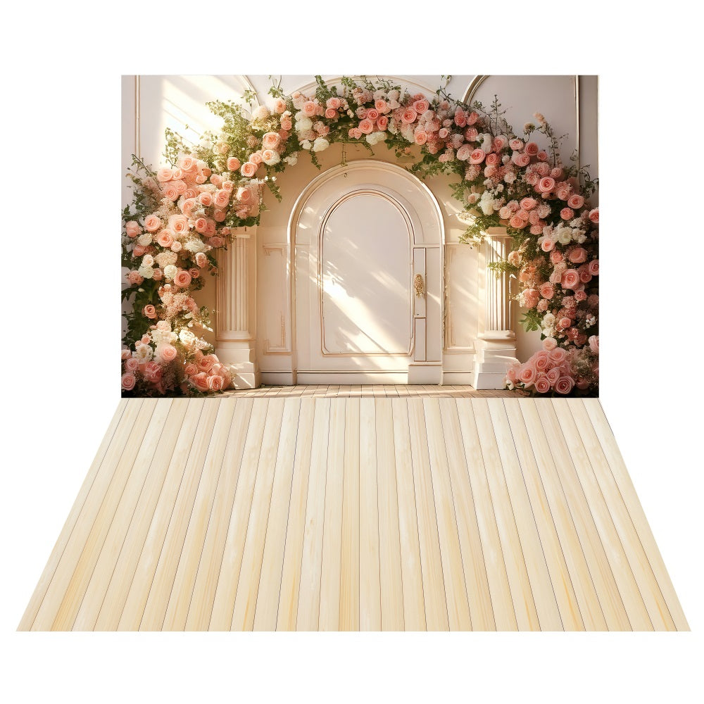 Spring White Arch Floral Backdrop+Cream Wooden Floor Backdrop UK LXX2-190