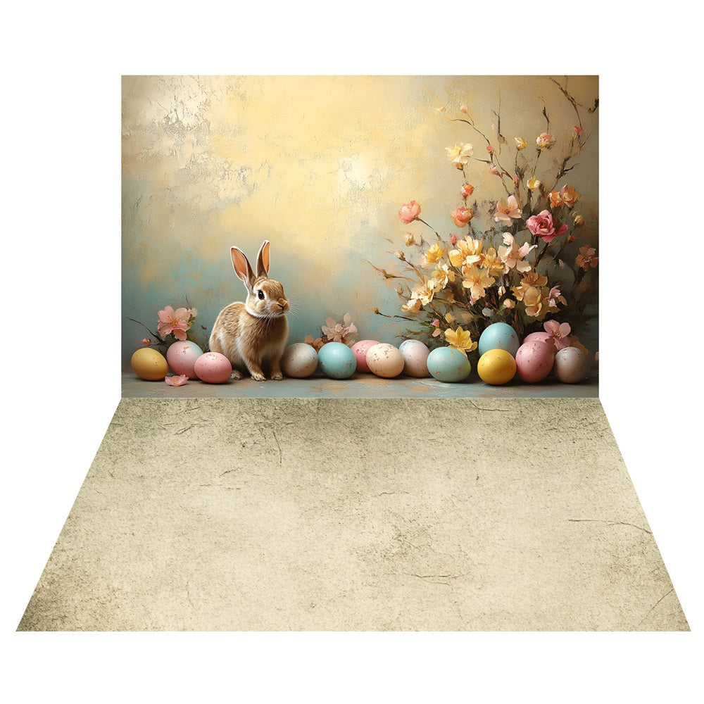 Floral Easter Bunny Backdrop+Vintage Warm-Toned Floor Backdrop UK LXX2-202