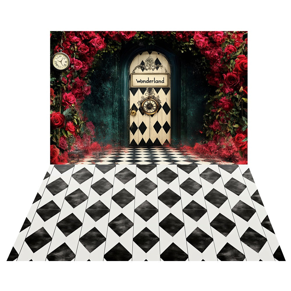 Alice Wonderland Roses Backdrop+Black White Floor Backdrop UK LXX2-208