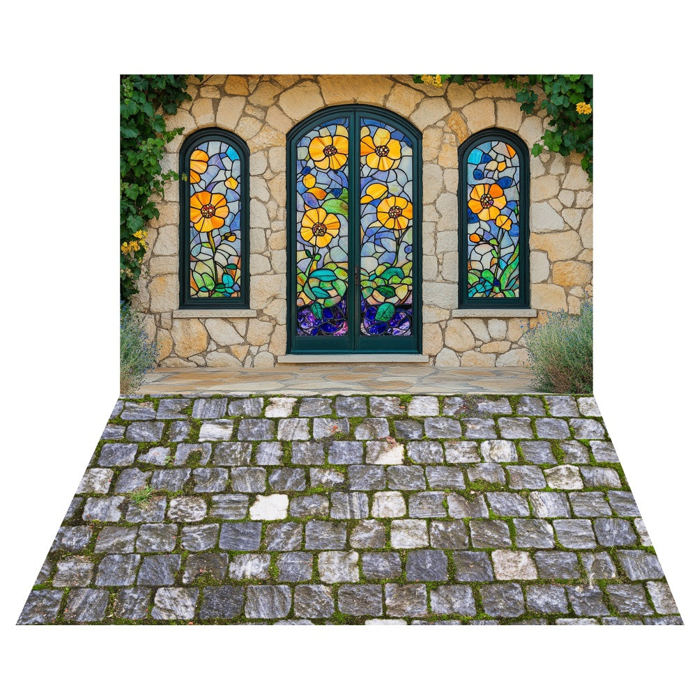 Spring Stained Glass Windows Backdrop+Stone Texture Floor Backdrop UK LXX2-23