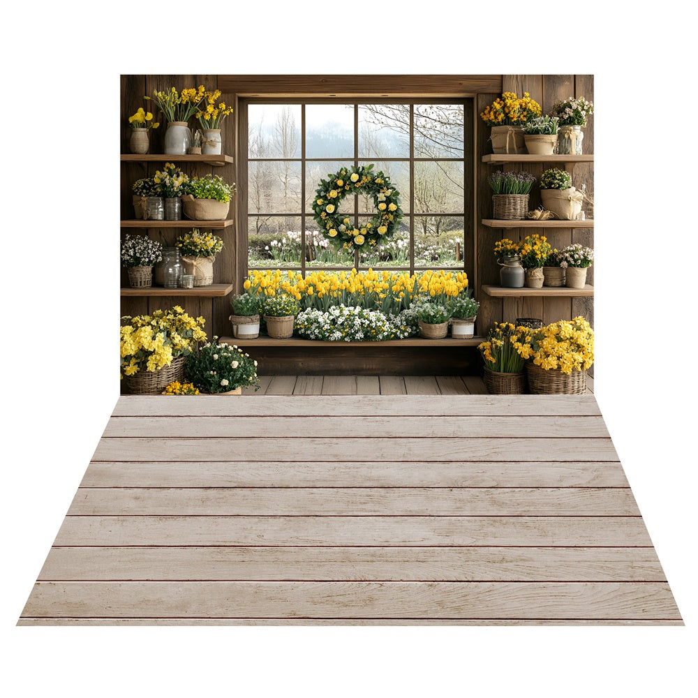 Spring Wood Shelves Flower Window Backdrop+Rustic Wood Floor Backdrop UK LXX2-24