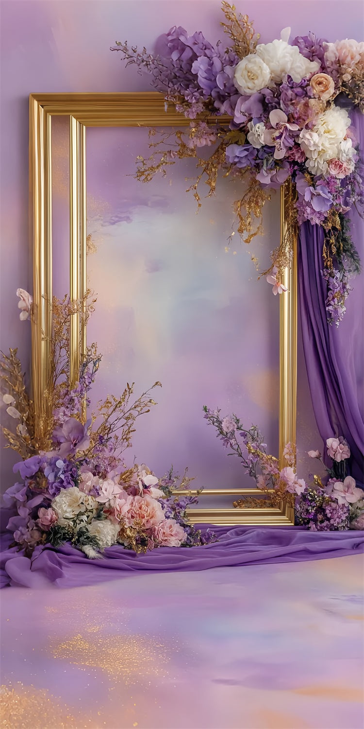 Floral Backdrops Elegant Gold Frame Purple Floral Sweep Backdrop UK LXX2-282