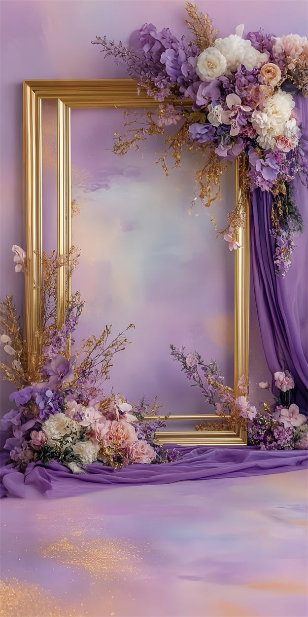 Floral Backdrops Elegant Gold Frame Purple Floral Sweep Backdrop UK LXX2-282