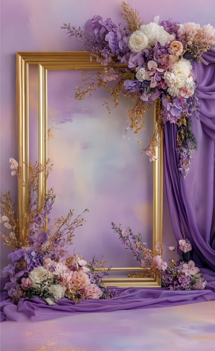 Floral Backdrops Elegant Gold Frame Purple Floral Sweep Backdrop UK LXX2-282