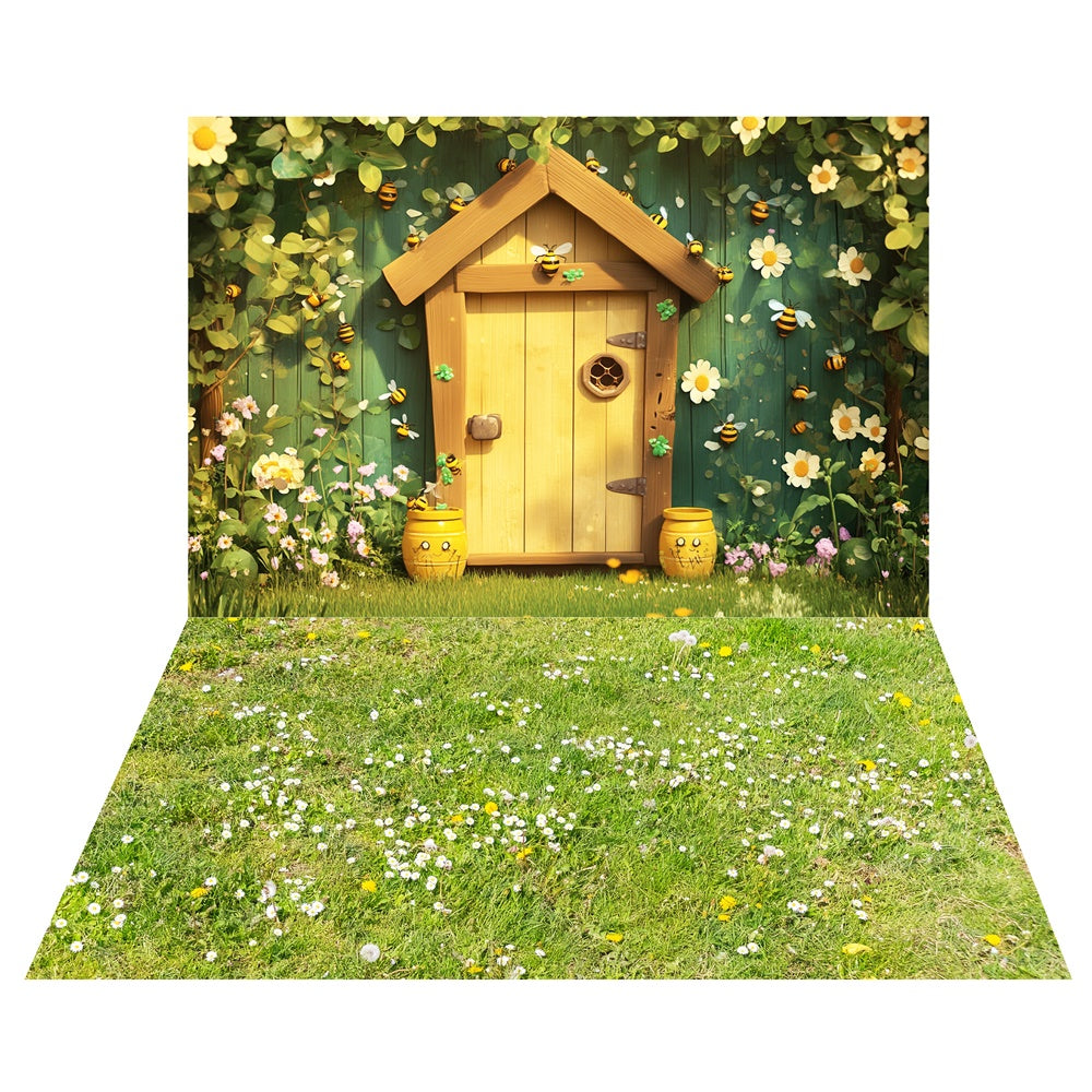 Spring Honey Bee Cottage Backdrop+Dandelion Grass Floor Backdrop UK LXX2-30