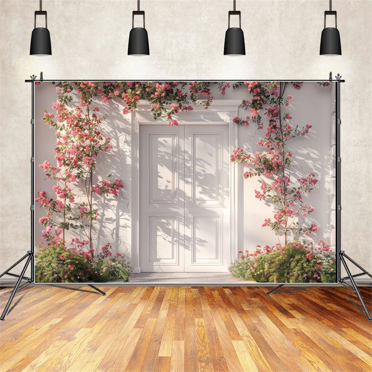 Spring Photo Backdrop Classic White Door Pink Rose Backdrop UK LXX2-40