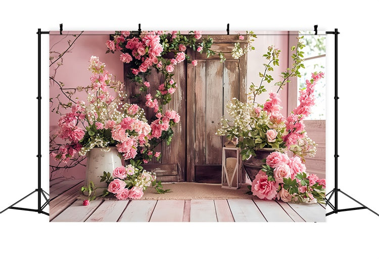 Spring Backdrop Vintage Pink Floral Wooden Door Backdrop UK LXX2-46