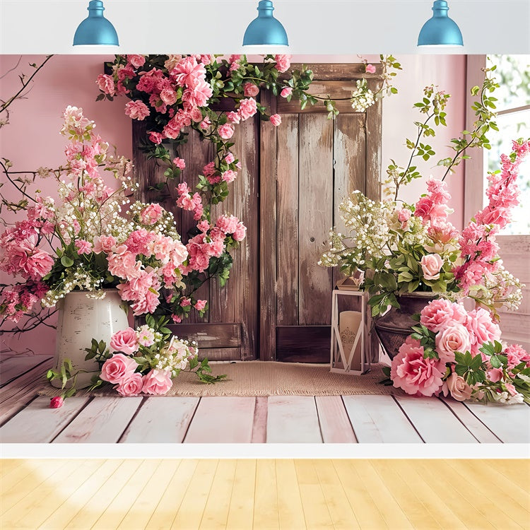 Spring Backdrop Vintage Pink Floral Wooden Door Backdrop UK LXX2-46