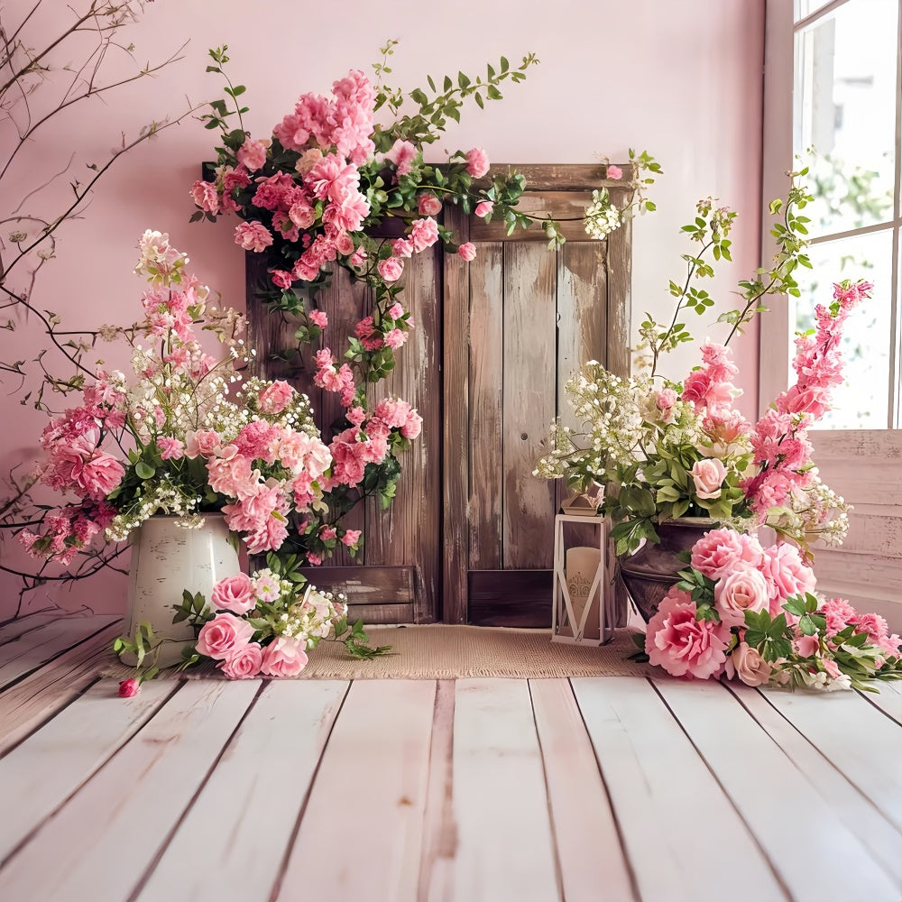 Spring Backdrop Vintage Pink Floral Wooden Door Backdrop UK LXX2-46