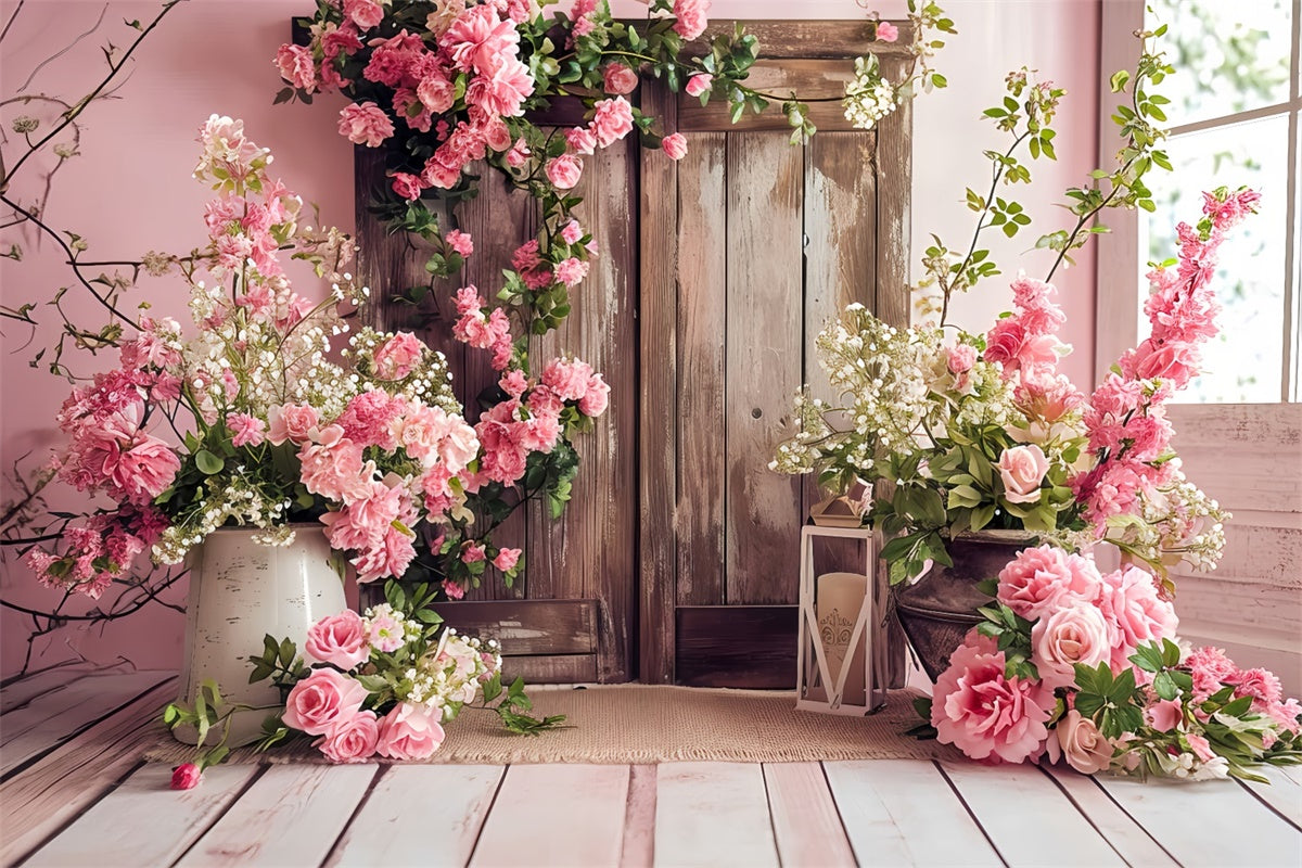 Spring Backdrop Vintage Pink Floral Wooden Door Backdrop UK LXX2-46