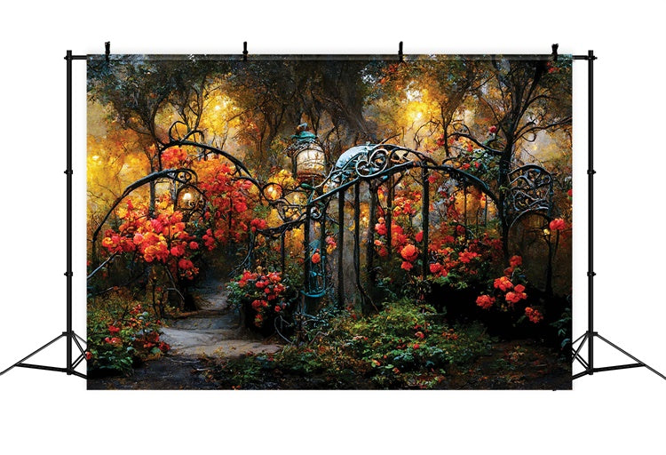 Flower Photo Backdrop Fall Garden Path Iron Gates Backdrop UK LXX2-53