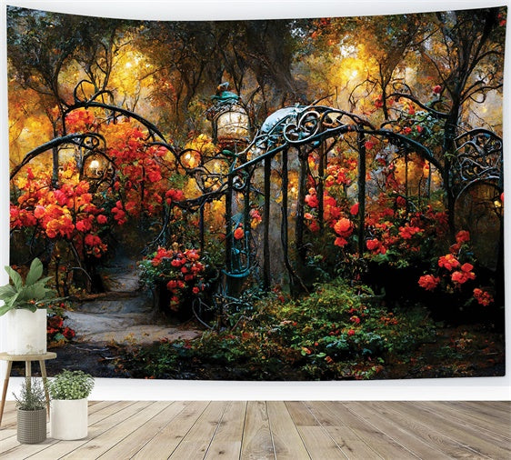 Flower Photo Backdrop Fall Garden Path Iron Gates Backdrop UK LXX2-53