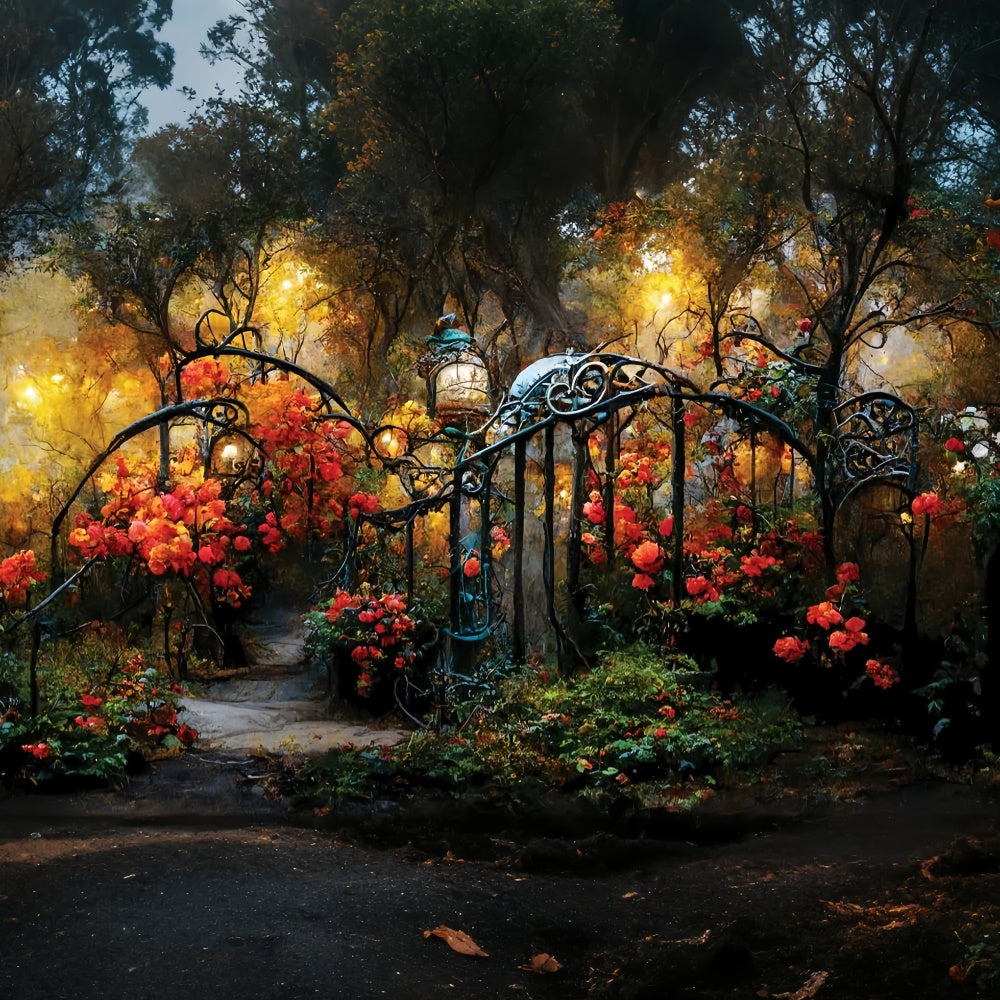 Flower Photo Backdrop Fall Garden Path Iron Gates Backdrop UK LXX2-53