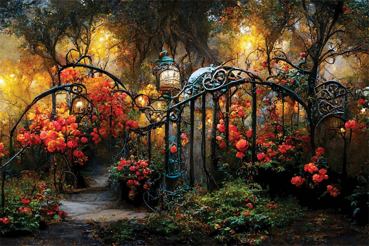 Flower Photo Backdrop Fall Garden Path Iron Gates Backdrop UK LXX2-53