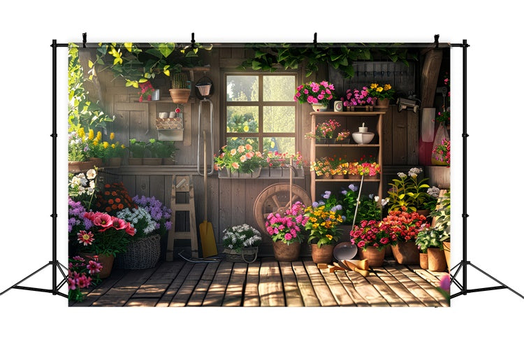 Backdrop Spring Wooden Flower Shed Blooming Plants Backdrop UK LXX2-54