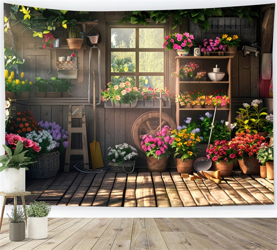 Backdrop Spring Wooden Flower Shed Blooming Plants Backdrop UK LXX2-54