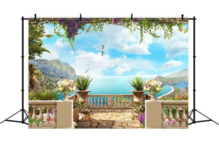 Spring Floral Backdrop Floral Terrace Beach View Backdrop UK LXX2-66