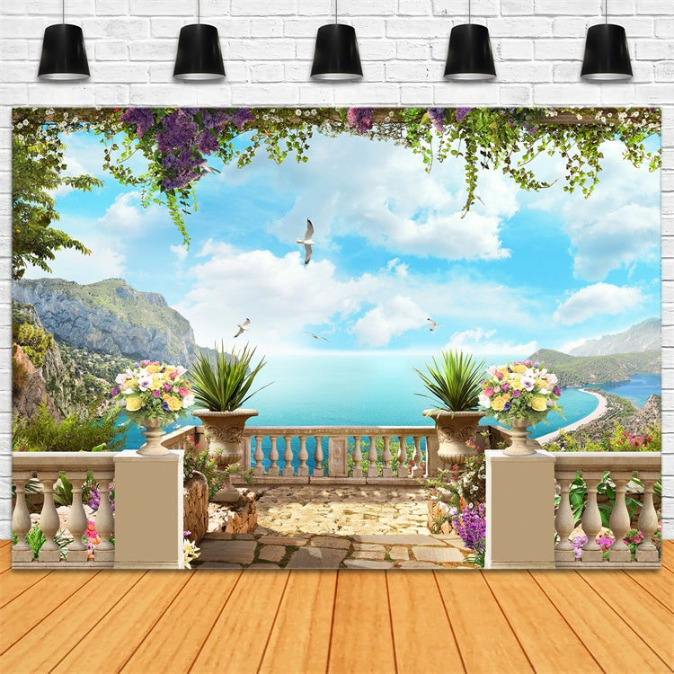 Spring Floral Backdrop Floral Terrace Beach View Backdrop UK LXX2-66