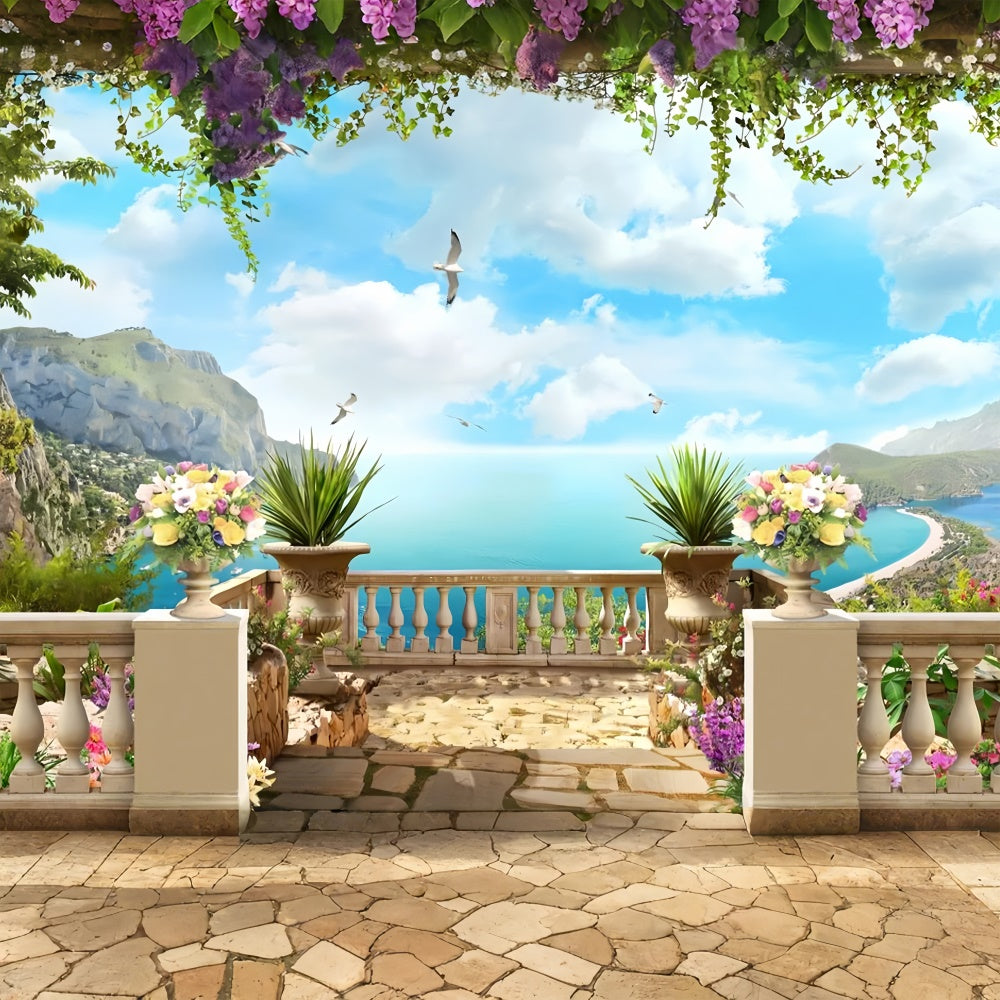 Spring Floral Backdrop Floral Terrace Beach View Backdrop UK LXX2-66