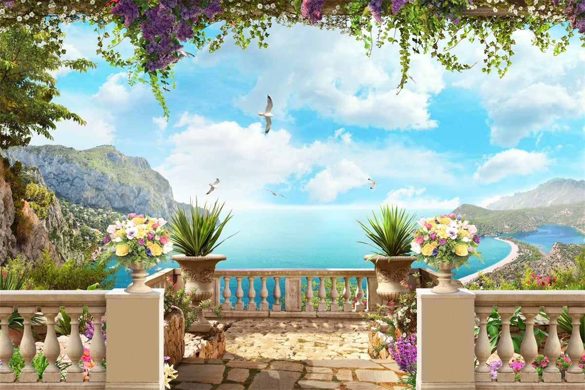 Spring Floral Backdrop Floral Terrace Beach View Backdrop UK LXX2-66