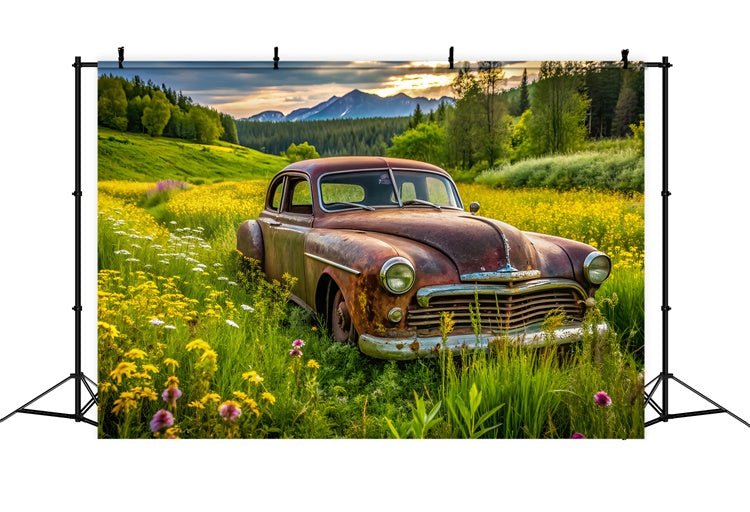 Spring Photo Backdrop Vintage Car Lush Meadow Backdrop UK LXX2-68