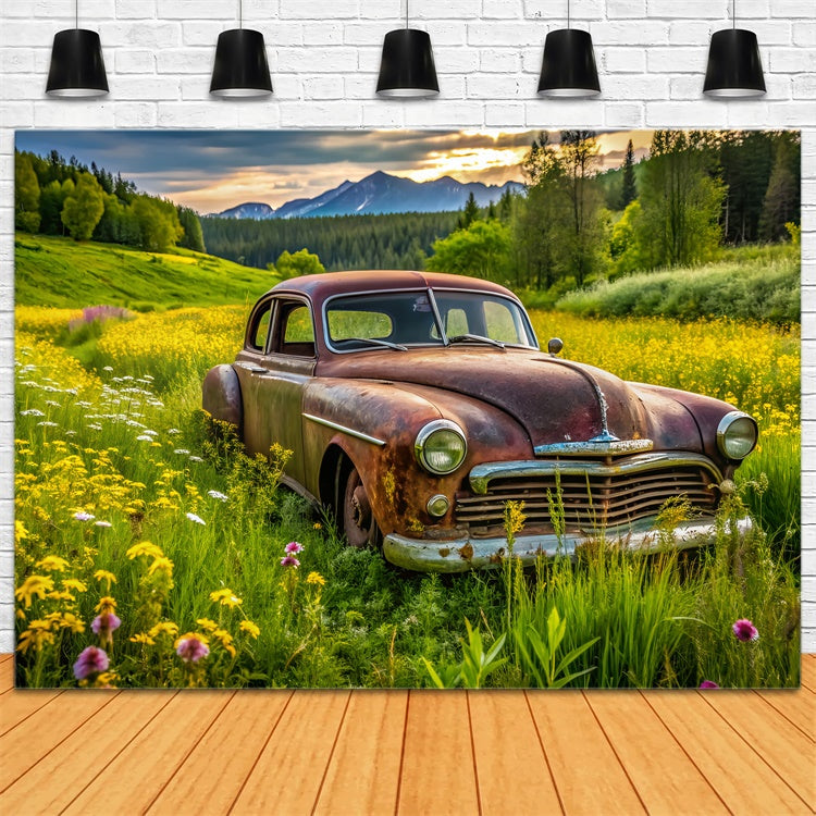 Spring Photo Backdrop Vintage Car Lush Meadow Backdrop UK LXX2-68