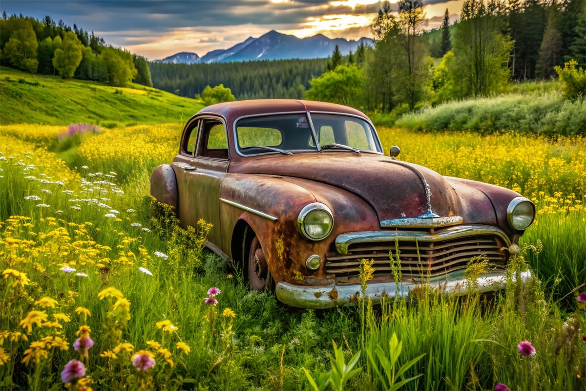 Spring Photo Backdrop Vintage Car Lush Meadow Backdrop UK LXX2-68