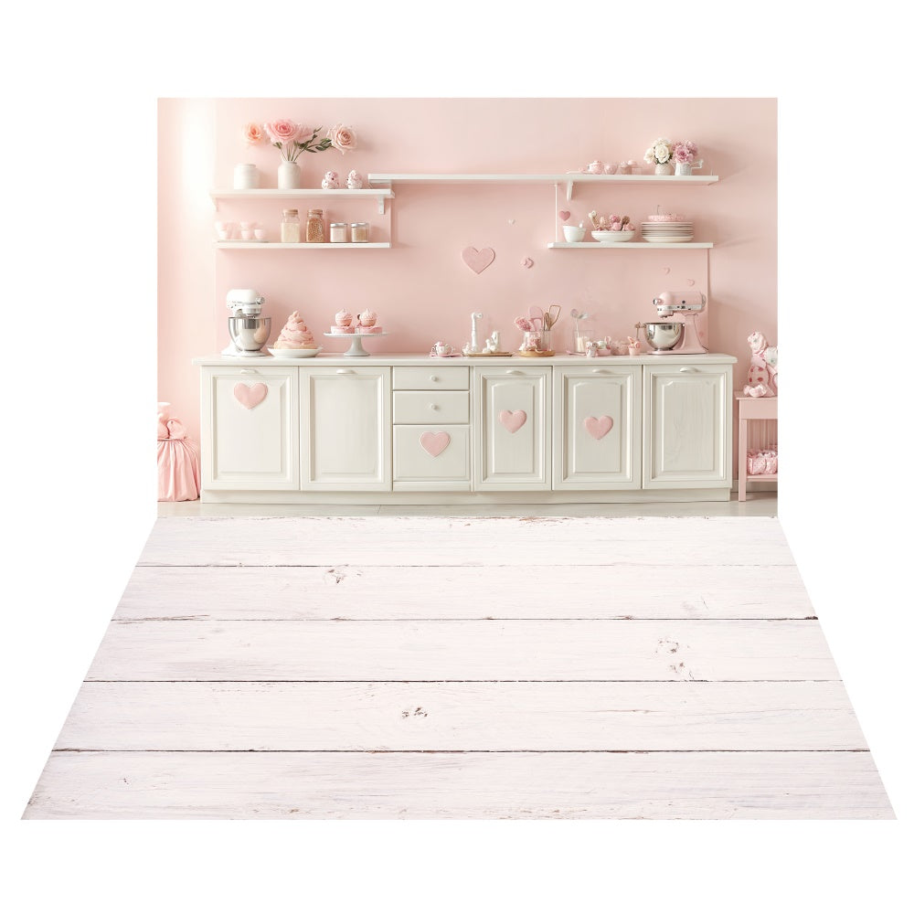 Sweetheart Valentine Kitchen Backdrop+White Wood Floor Backdrop UK LXX2-7