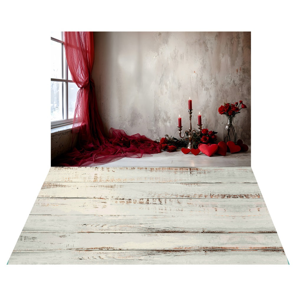 Valentine's Day Red Curtain Backdrop+White Wood Floor Backdrop UK LXX2-9