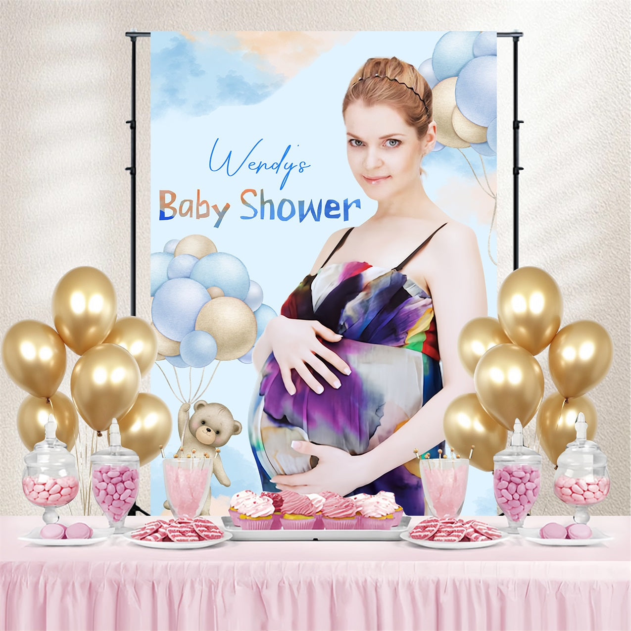 Teddy Bear Baby Shower Backdrop Balloon Cloud Custom Backdrop UK LXX4-185