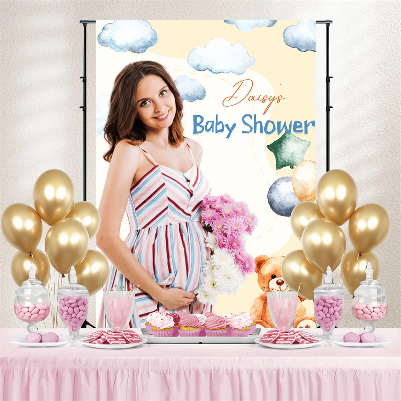 Teddy Bear Backdrop Baby Shower Floating Clouds Balloon Customized Backdrop UK LXX4-187