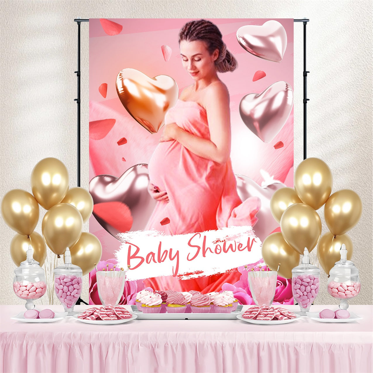 Baby Shower Party Backdrop Heart Balloon Rose Personalised Backdrop UK LXX4-205