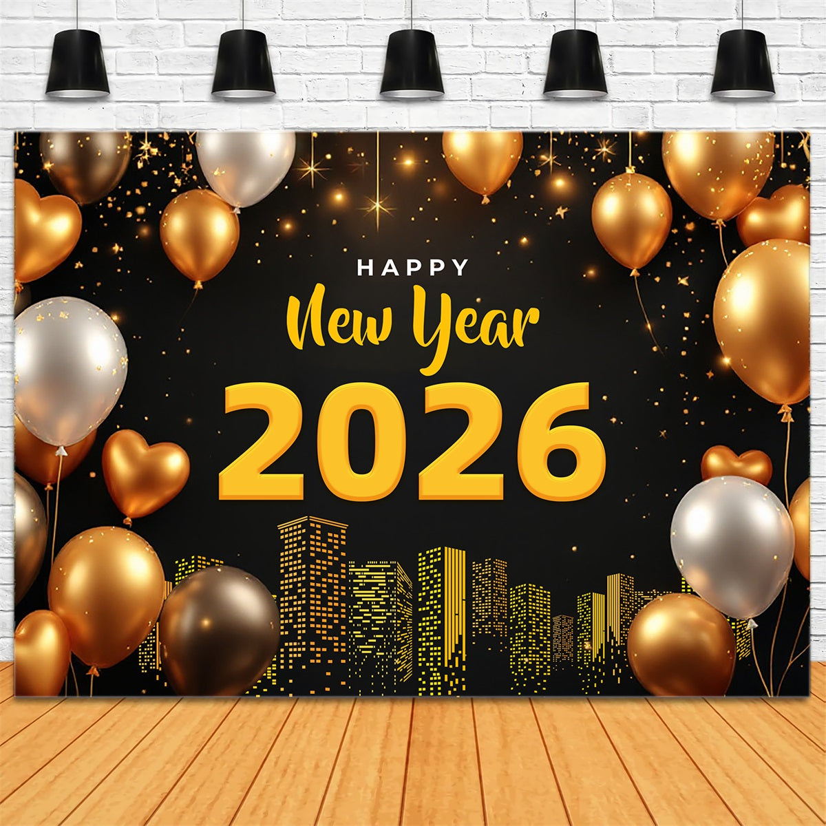 Happy New Year 2026 Backdrop Golden Balloons City Lights New Years Eve Backdrop UK LXX510-1