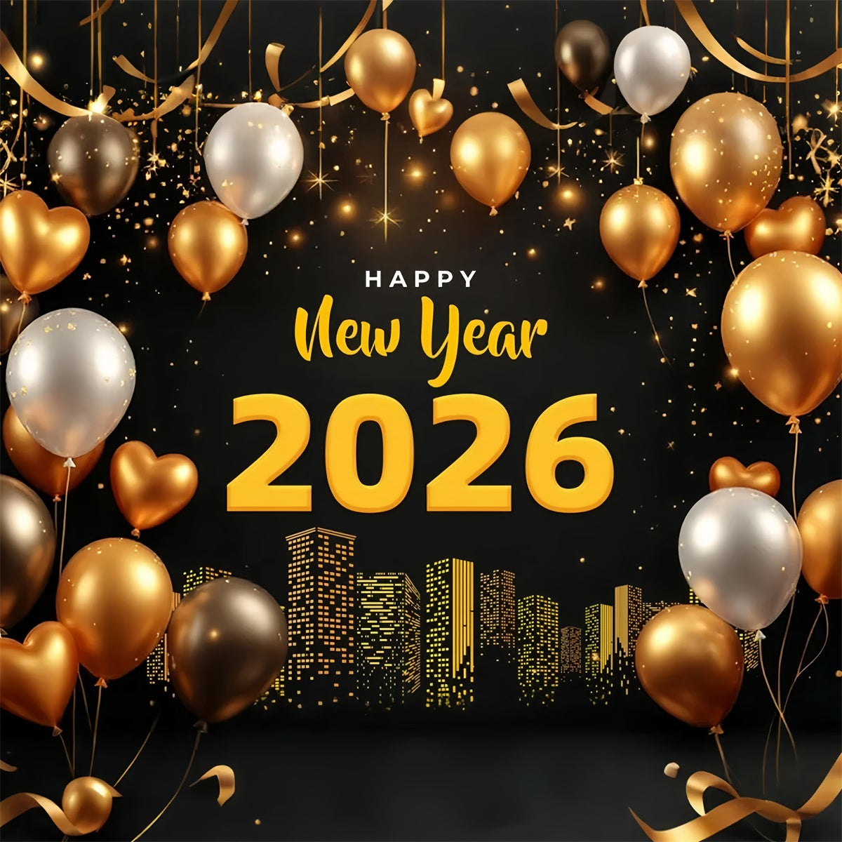 Happy New Year 2026 Backdrop Golden Balloons City Lights New Years Eve Backdrop UK LXX510-1