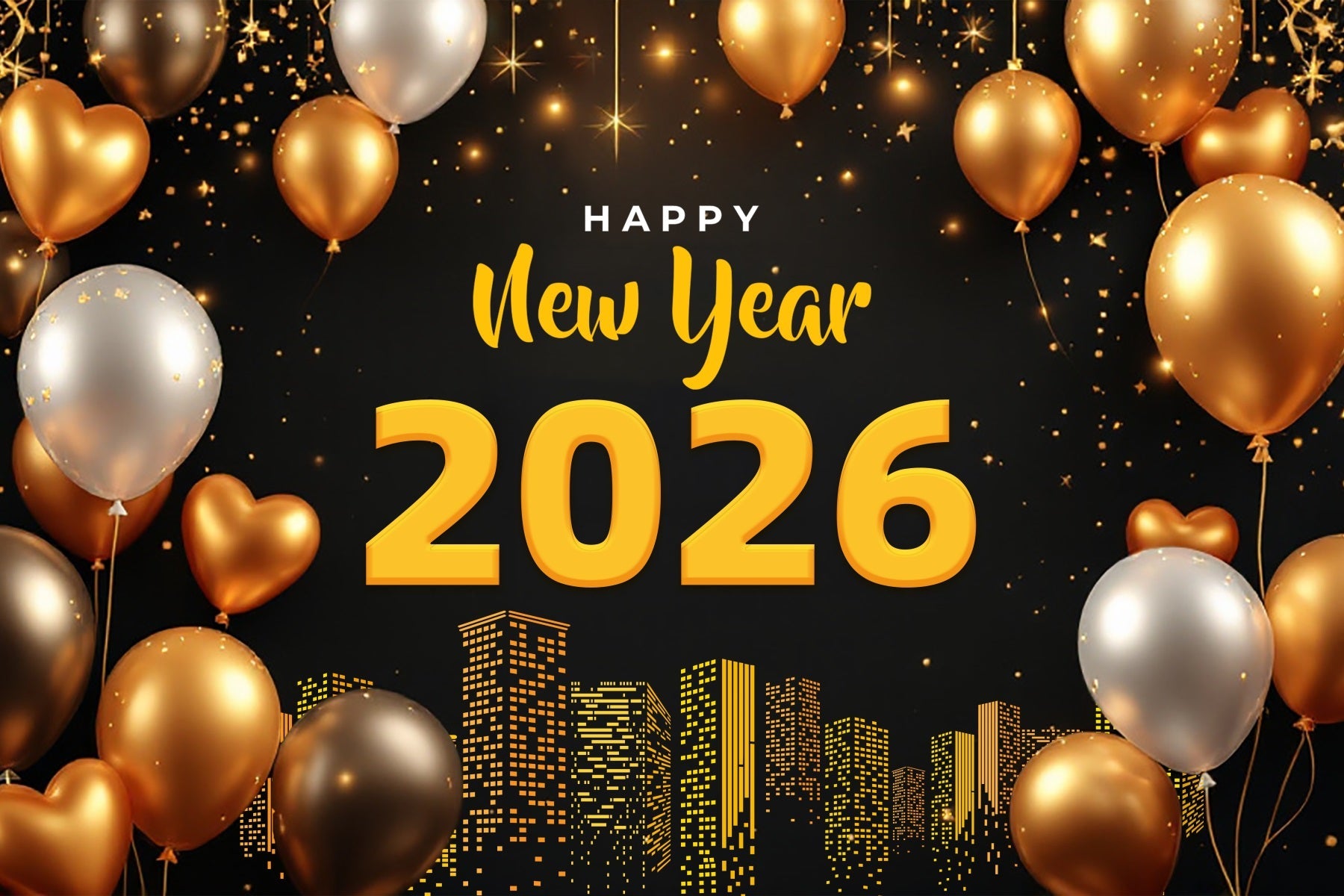 Happy New Year 2026 Backdrop Golden Balloons City Lights New Years Eve Backdrop UK LXX510-1
