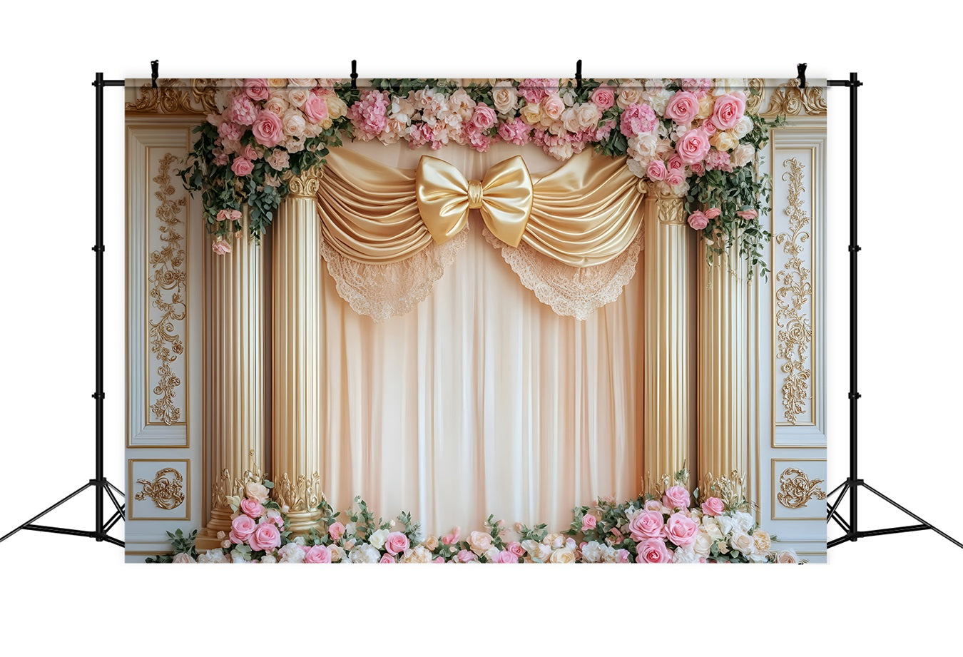 Large Bow Backdrop Golden Bow Rose Columns Victorian Photo Backdrop UK LXX510-120