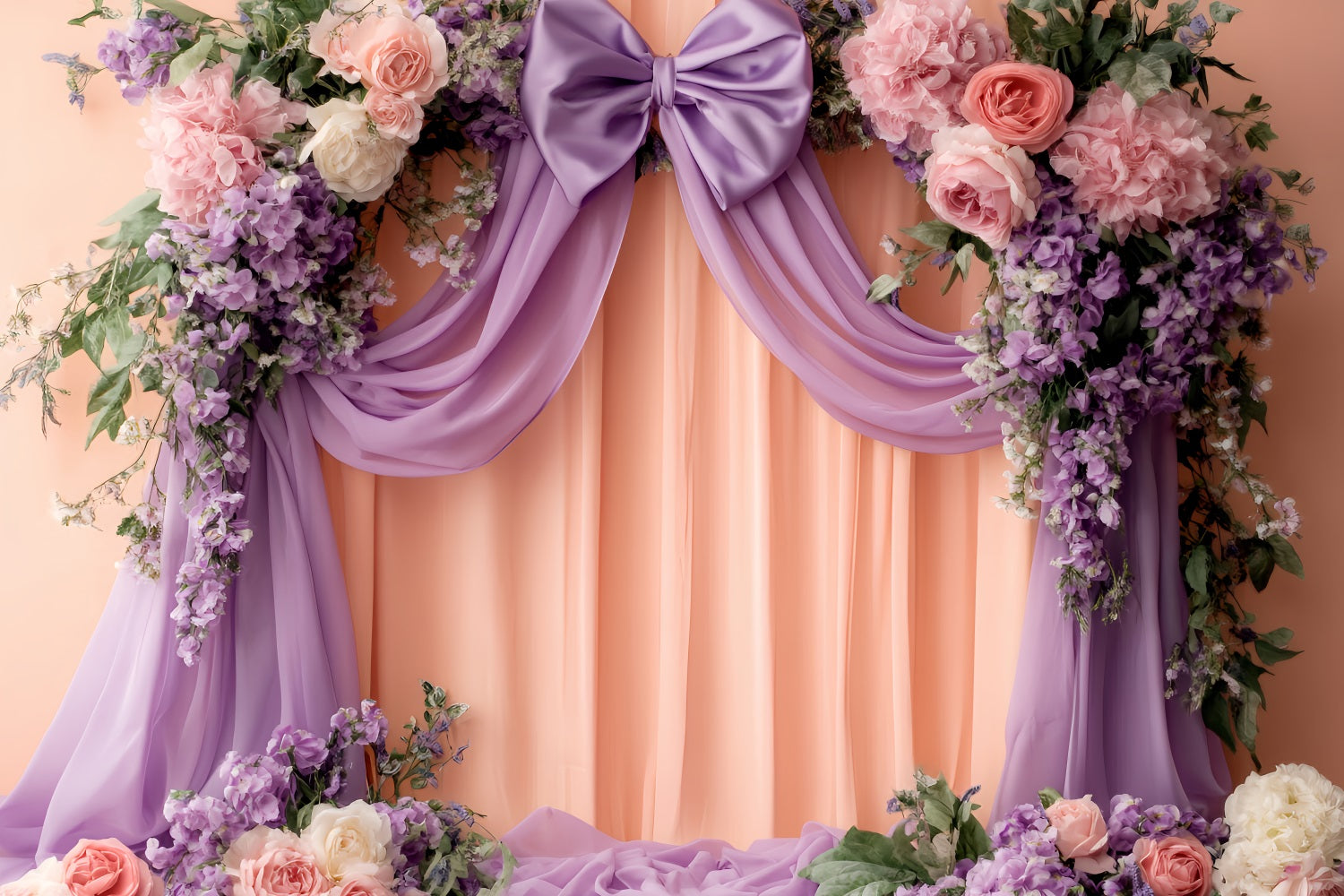 Large Bow Backdrop Lilac Peach Floral Drapery Victorian Backdrops UK LXX510-121
