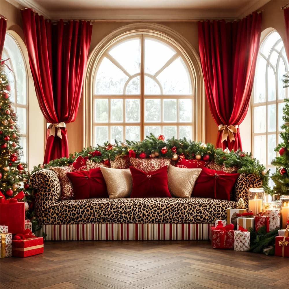 Big Bow Backdrop Leopard Sofa Holiday Elegance Christmas Backdrop UK LXX510-141
