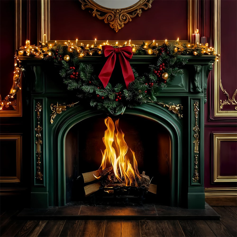 Bow Backdrop Emerald Fireplace Holiday Glow Christmas Backdrop UK LXX510-151