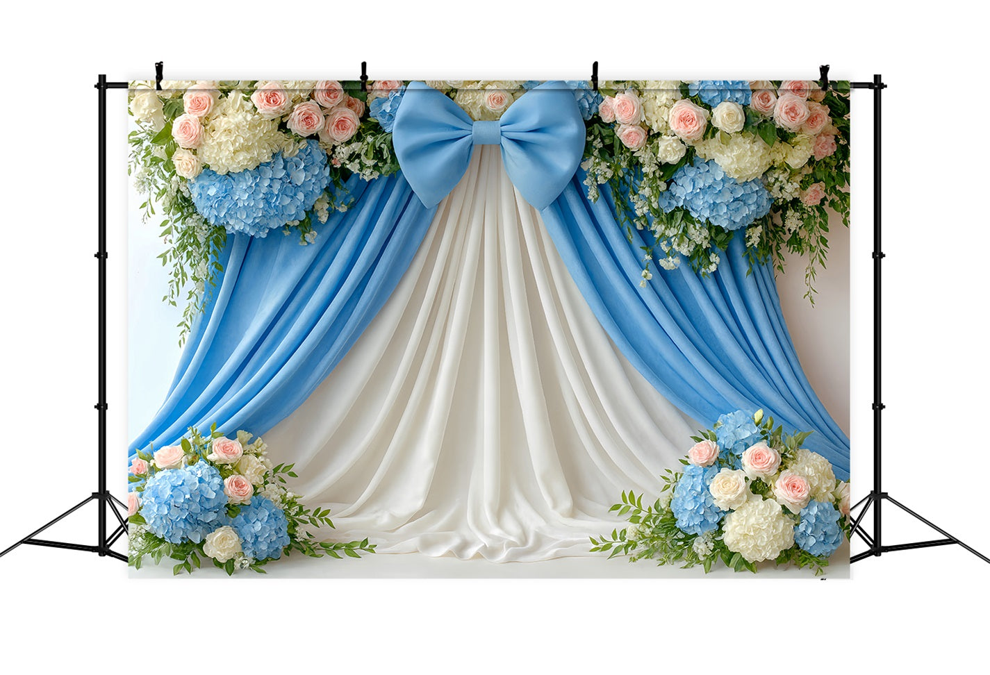 Large Bow Backdrop Blue Floral Draped Elegance Flower Backdrop UK LXX510-153