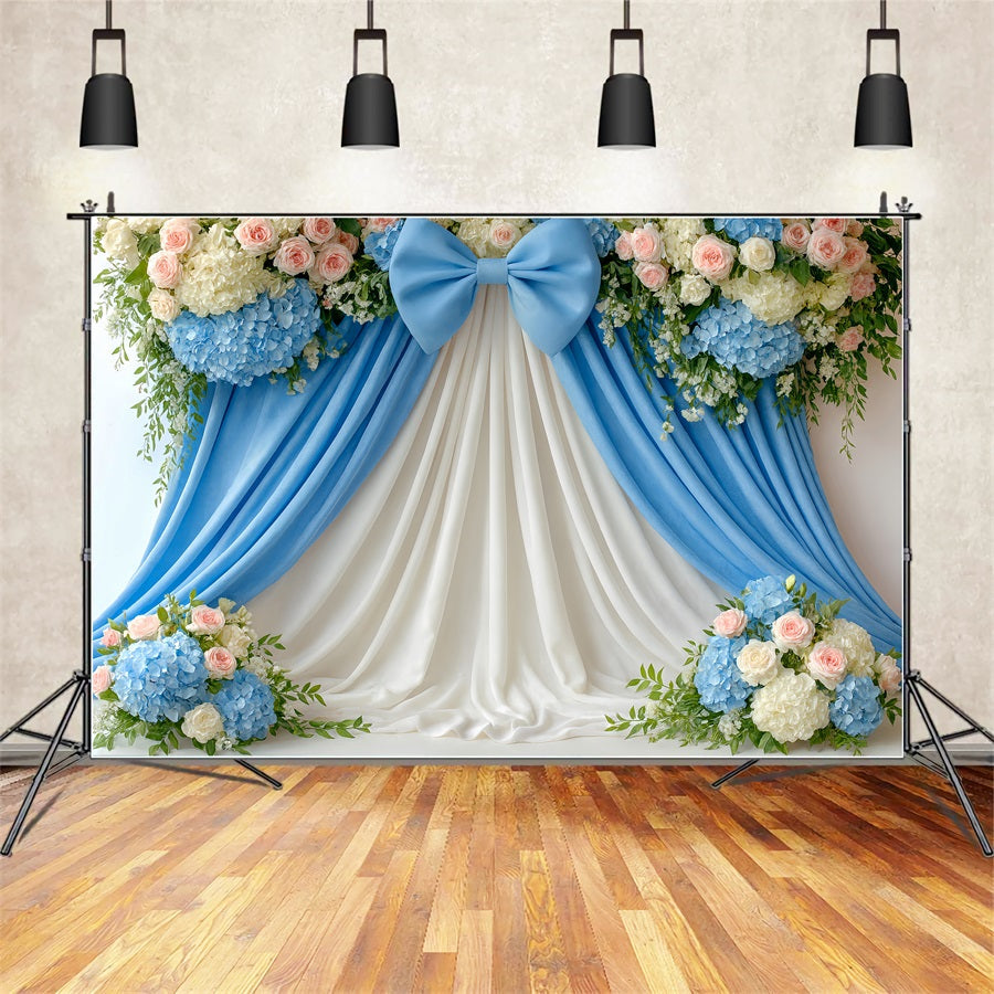 Large Bow Backdrop Blue Floral Draped Elegance Flower Backdrop UK LXX510-153