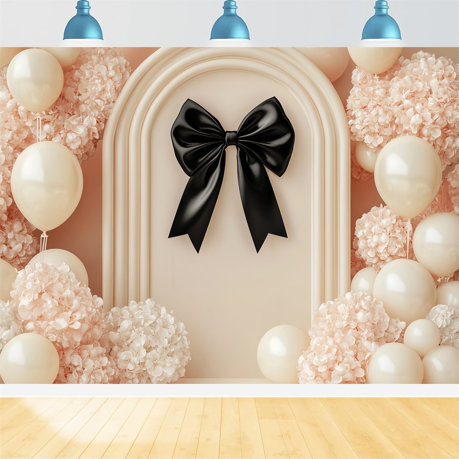 Black Bow Backdrop Cream Balloons Black Ribbon Flower Backdrop UK LXX510-165